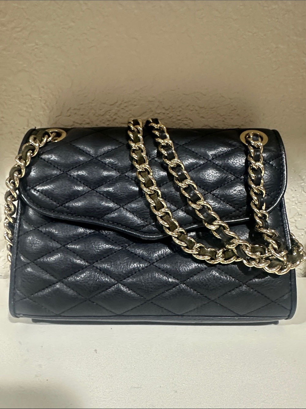 Rebecca Minkoff Black Quilted Leather Shoulder Bag with Gold Chain